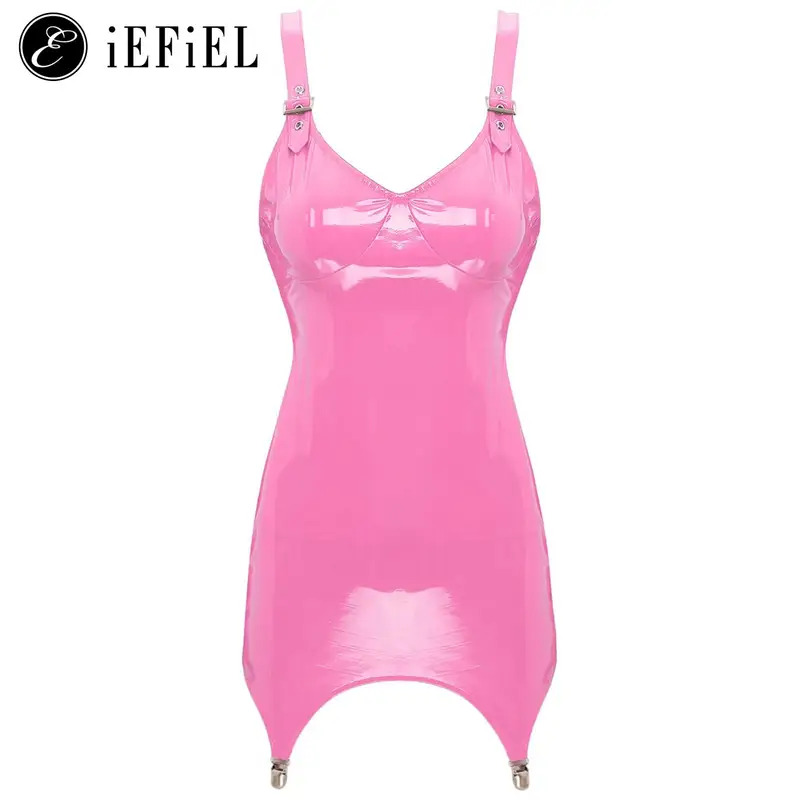 Babydoll Chemise Night - Minivestido feminino metálico brilhante de couro
