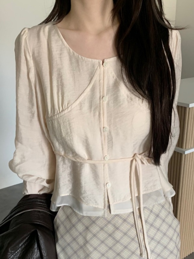 Corset Waist Cinch - Camisa Feminina Elegante com Manga Bufante